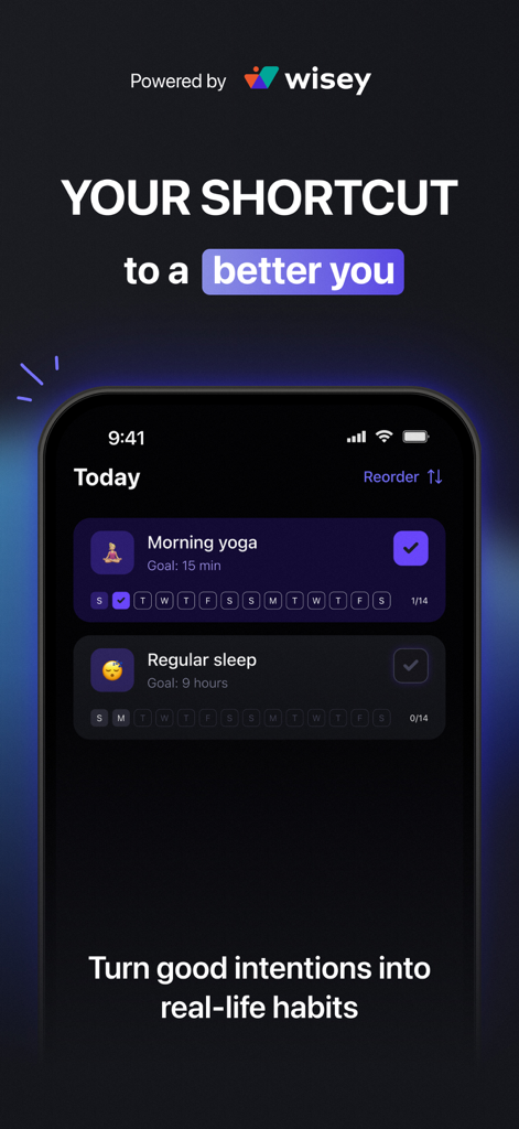 Wisey: Habit Builder - Wisey app interface showing daily habit tracking for morning yoga and sleep