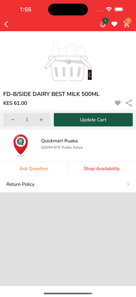 Quickmart Online - Q SOKO - Mobile app screen showing a dairy milk product listing with price and store location for Quickmart Online