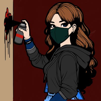 realistic girl with mask spray painting a wall