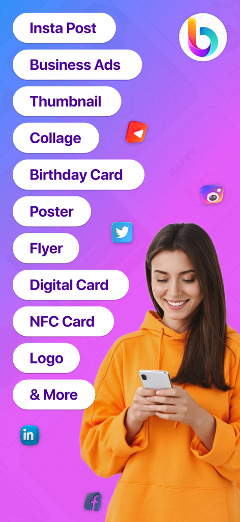 BrandFlex®: Festival Poster - A woman using her phone with a list of design categories like Insta Post, Business Ads, and Poster from the BrandFlex app.