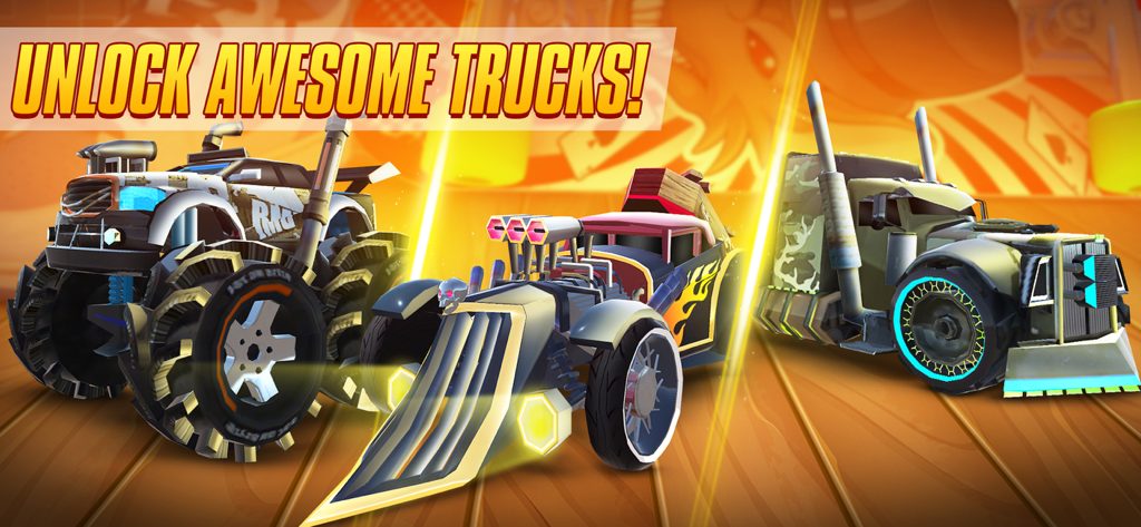 Buggy Racing Games (RaceOff2) - A showcase of three different customized monster trucks in Buggy Racing Games RaceOff2 with text saying Unlock Awesome Trucks