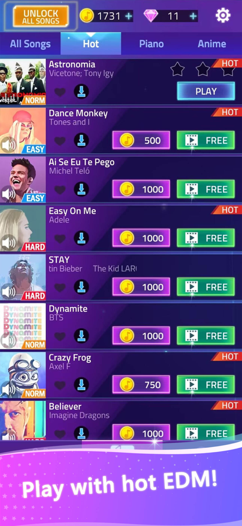 Magic Beat Piano - EDM Tiles - Magic Beat Piano EDM Tiles song selection menu showing popular tracks and unlock options