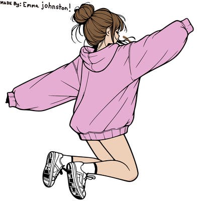 realistic girl jumping with a bun and oversized sweatshirt