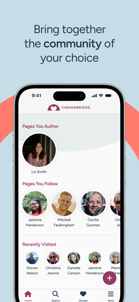 Tela inicial do aplicativo CaringBridge mostrando páginas de jornada de saúde pessoal e perfis de comunidade seguidos