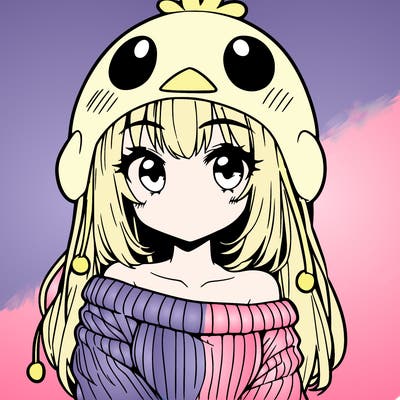 anime girl with chick shaped hat with sweater with bare shoulders with bangs covering them one eye with low tail
