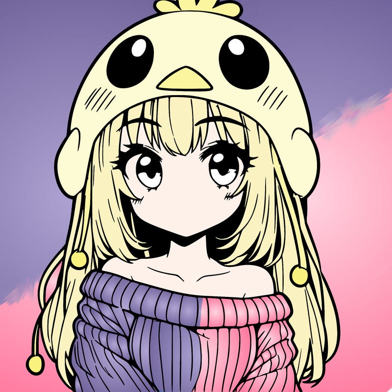anime girl with chick shaped hat with sweater with bare shoulders with bangs covering them one eye with low tail