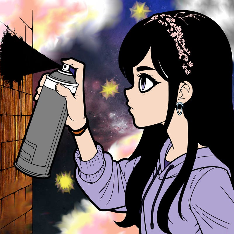 a realistic girl spray painting a wall