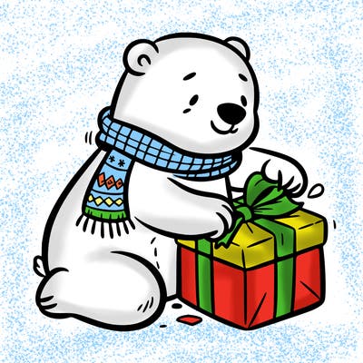 polar bear wrapping a present