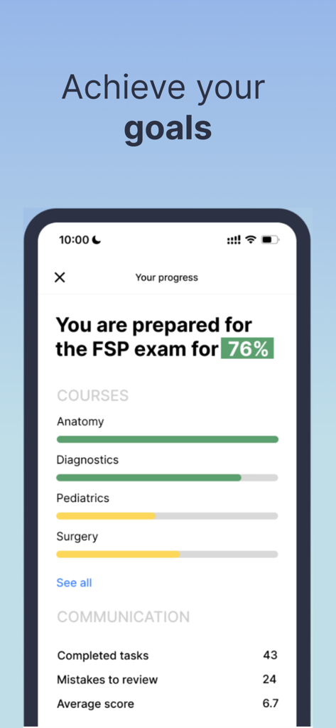 Tela do aplicativo móvel mostrando barras de progresso para cursos de alemão médico e prontidão para o exame FSP
