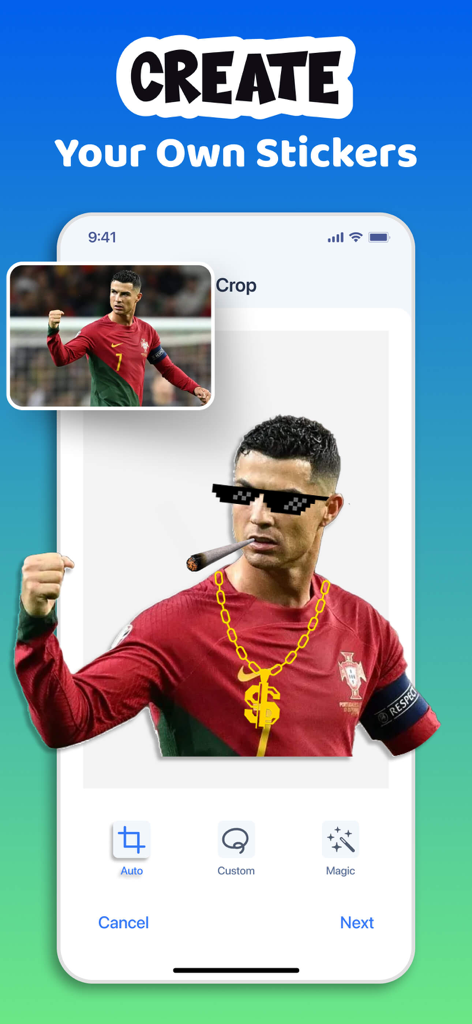 Sticker Maker・Stickers & Emoji - Interfaz de la aplicación Sticker Maker para crear stickers y memes personalizados a partir de fotos con decoraciones divertidas