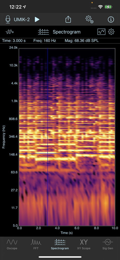 SignalScope Basic 2022 - SignalScope Basic 2022 app displaying a real-time spectrogram for audio frequency and magnitude analysis.