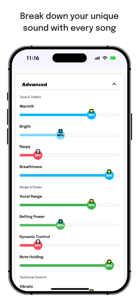 Singing Coach AI - Una interfaz móvil de Singing Coach AI que muestra métricas vocales detalladas que incluyen calidez, aspereza y rango vocal con controles deslizantes de porcentaje e íconos de logros.