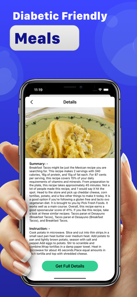 Diabetic carb counter - Diabetic Carb Counter app screen showing a healthy breakfast tacos recipe with nutritional information and instructions