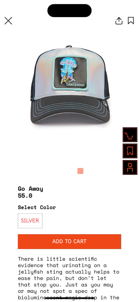Goorin Drops - Goorin Drops app product screen for the Go Away silver trucker hat with a jellyfish patch and add to cart button