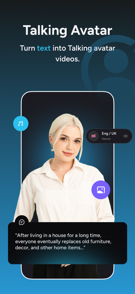 Akool - AI Video Generator - Akool app interface showing the talking avatar feature turning text into a realistic video character