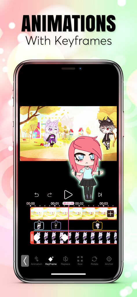 Gacha Animator app interface showing keyframe animation tools and anime characters