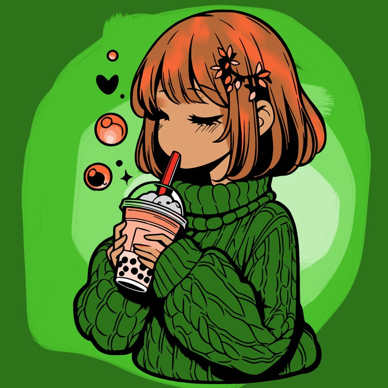 manga girl drinking boba in cozy sweater