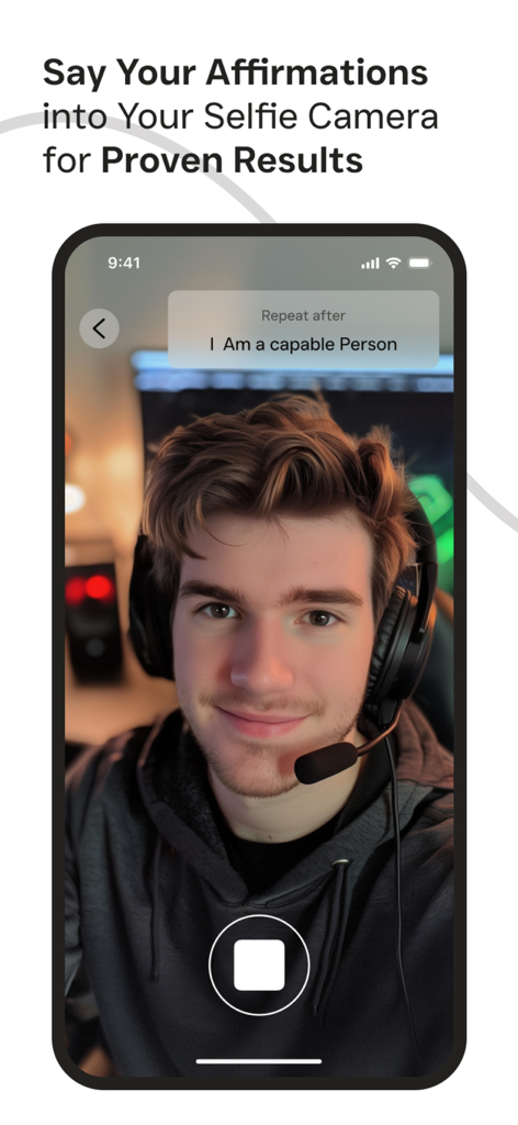 Mirra: Affirmation & Gratitude - A user practicing mirror affirmations using the front-facing camera in the Mirra app.
