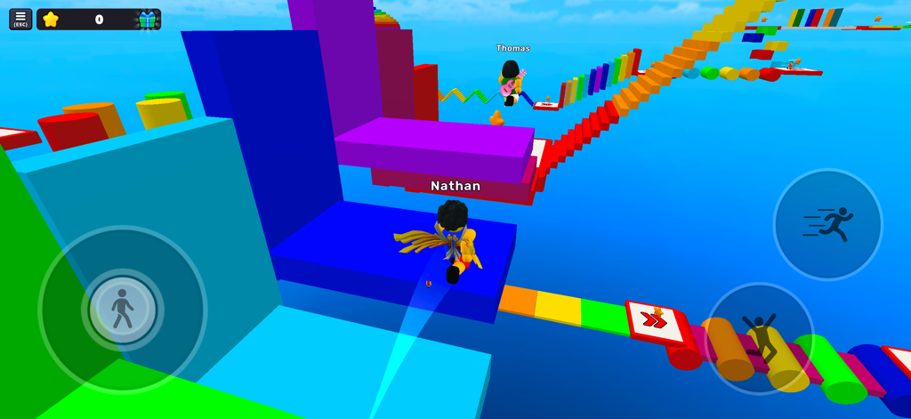 Two players navigating a vibrant 3D obstacle course with colorful blocks and stairs.