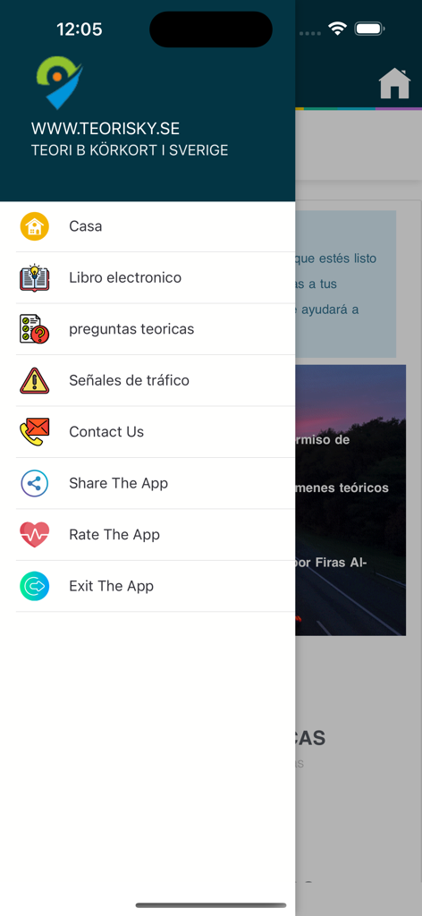 Menu laterale dell'app di teoria di guida in spagnolo con opzioni per e-book, domande di pratica e segnali stradali