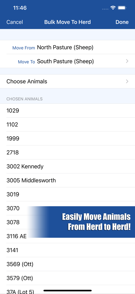 HerdBoss - HerdBoss app screen showing bulk movement of sheep from north pasture to south pasture.