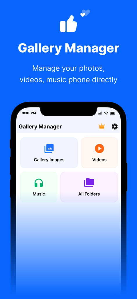 File Manager : Secure Media - Interfaz de la aplicación Gallery Manager en un iPhone mostrando carpetas para fotos, videos y música.