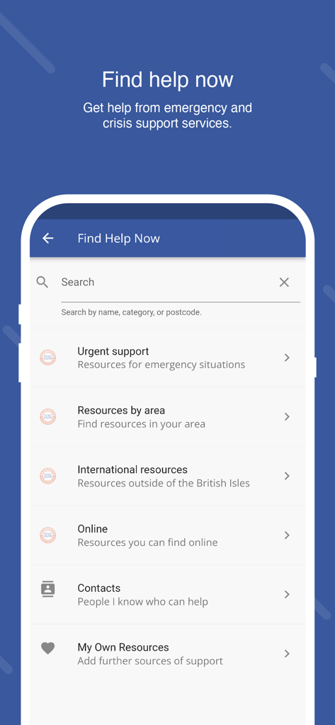 Stay Alive - Stay Aliveアプリの「今すぐヘルプを探す」画面。緊急サポートと地域のcrisisリソースが表示されています。