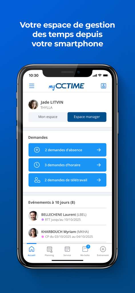 Tableau de bord manager de l'application mobile myOCTIME montrant la présence des employés et les demandes de congés