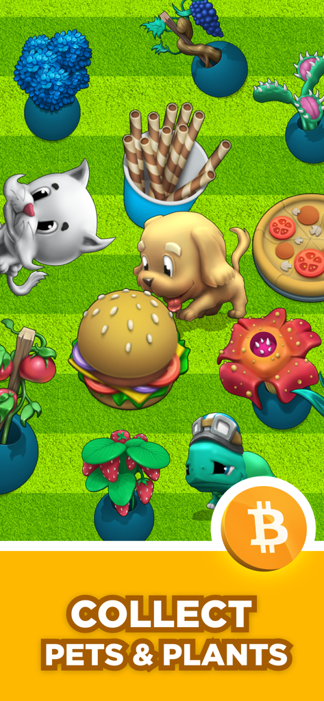 A vibrant game screen from Crypto Miner Bitcoin Factory showing various cartoon pets and plants to collect on a green lawn