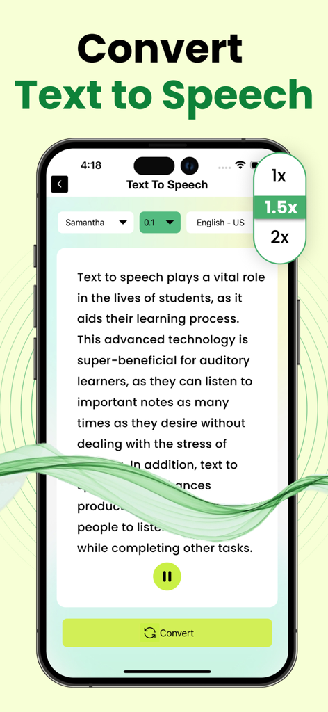 Smartphone mostrando o aplicativo AI Text to Speech com opções de velocidade de reprodução e voz