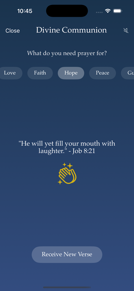 Jesus Chat - Pantalla de la aplicación Jesus Chat que muestra un versículo bíblico de Job y categorías de oración como Amor Fe y Esperanza
