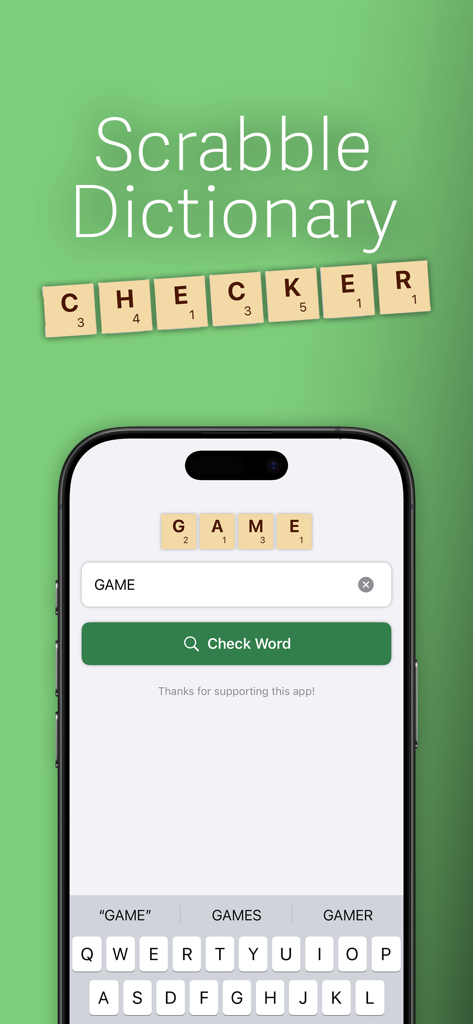 Interfaz de la aplicación móvil Scrabble Dictionary Checker para validación de palabras