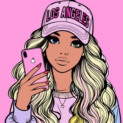realistic beautiful girl wearing los ángeles cap holding an iphone