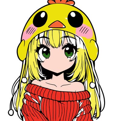 anime girl with chick shaped hat with sweater with bare shoulders with bangs covering them one eye with low tail