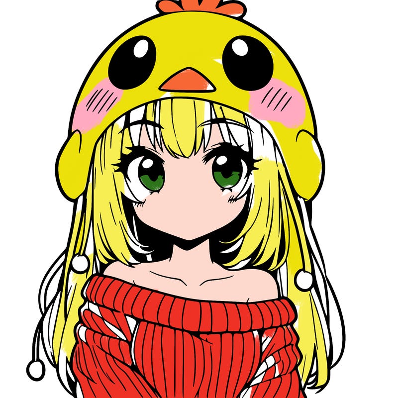 anime girl with chick shaped hat with sweater with bare shoulders with bangs covering them one eye with low tail