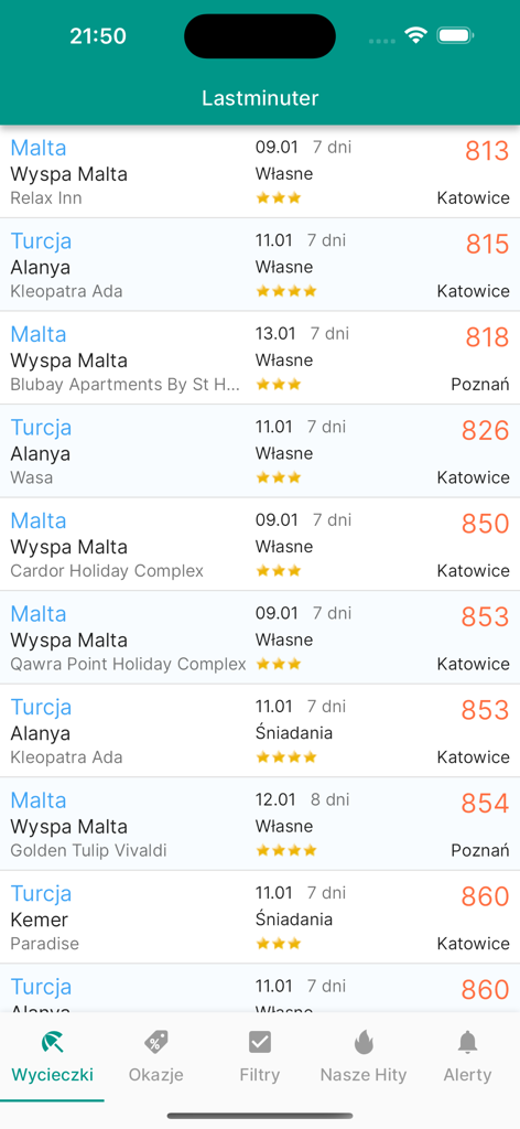 List of last minute vacation offers in the Lastminuter mobile app