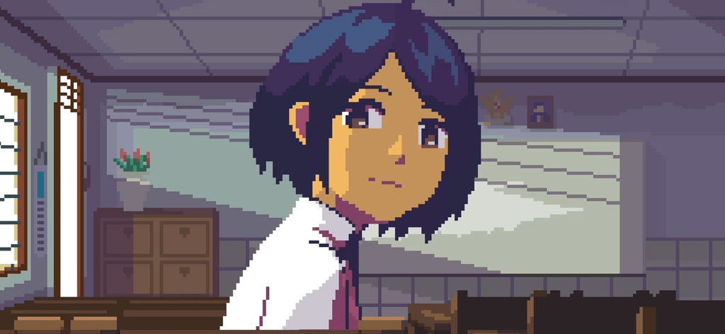 A pixel art close up of a high school girl named Raya inside a classroom in A Space for the Unbound