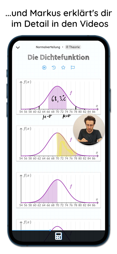 Miranda - Mathe-Nachhilfe - Uma videoaula de reforço de matemática no aplicativo Miranda apresentando um tutor explicando a função de densidade de distribuição normal.