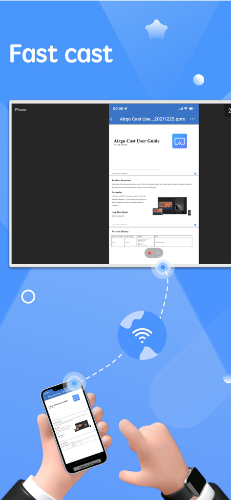 Airgo Cast app interface showing a smartphone wirelessly projecting a PowerPoint presentation onto a large screen for a business meeting.