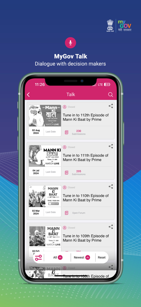 MyGov India app screen showing a list of Mann Ki Baat podcast episodes in the MyGov Talk section.