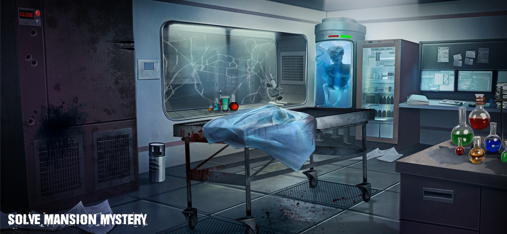 Amnesia－Escape Room Detective - A creepy laboratory room with a medical gurney and a specimen in a glass cylinder