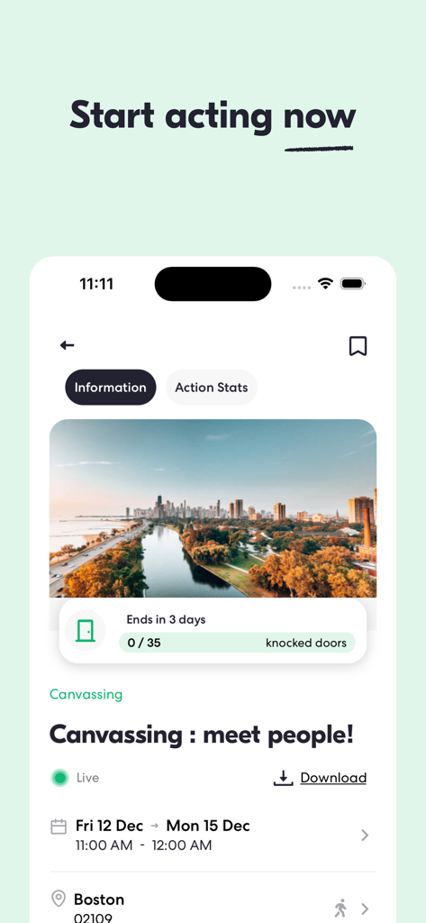 Qomon - Campaign, Volunteer - Qomon app screen showing a canvassing volunteer action with door knocking goals and event dates