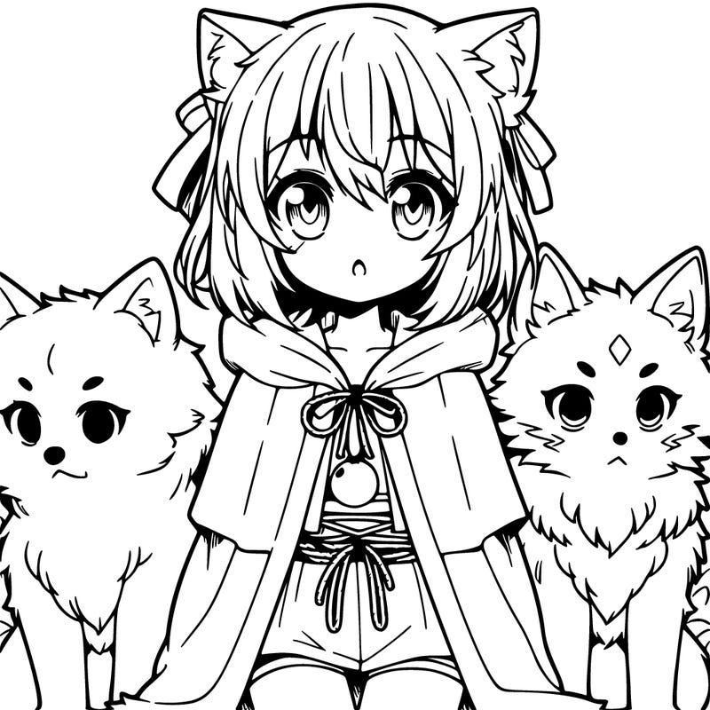 anime little girl with wolfs