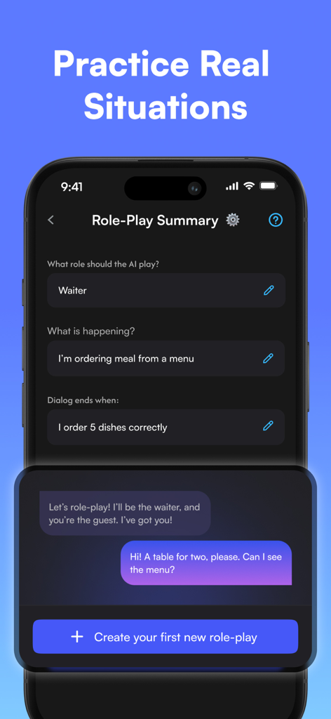 Heylama - AI Language Learning - Interfaz de la aplicación Heylama que muestra juegos de rol personalizables con IA para la práctica de idiomas en el mundo real