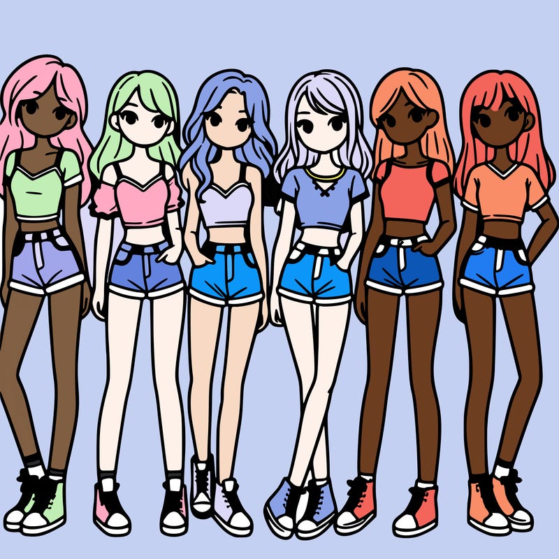 a group of girls wearing crop tops and shorts