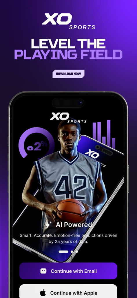 XO SPORTS - XO Sports app splash screen featuring a basketball player and AI-powered sports predictions tagline