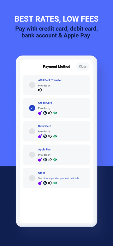 Pantalla de la aplicación móvil BitPay que muestra opciones de pago para comprar criptomonedas, incluyendo transferencia ACH, tarjeta de crédito y Apple Pay