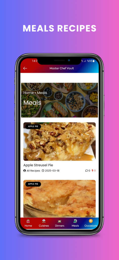 Master Chef Vault: Recipes - Interfaz de la aplicación Master Chef Vault mostrando la categoría de comidas con una receta de pastel de streusel de manzana.