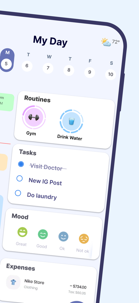 Daily Planner, Schedule: Brite - Interfaccia dell'app Brite che mostra un elenco di attività per la routine giornaliera, un tracker dell'umore e le spese.