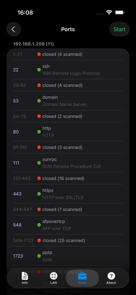 Network Analyzer: net tools - Interface du scanner de ports Network Analyzer affichant une liste des ports ouverts et fermés sur un périphérique réseau local